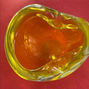 Vintage yellow free form glass ashtray.  Likely Czech mid century